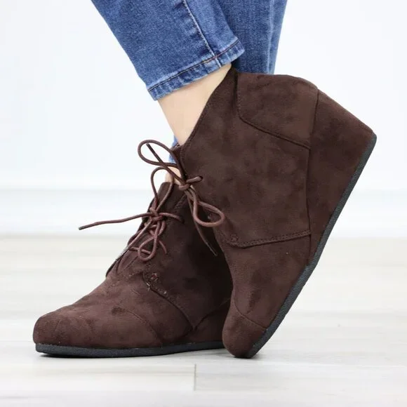 Brown Ankle Boots Wedge Heel Faux Suede Round Toe Lace Up - Picture 7 of 15